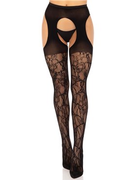 Стрип-колготки Leg Avenue Eyelet lace suspender hose, One Size, чорні, ажурні, з відкритим доступом