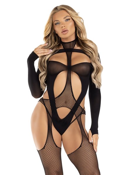 Бодістокінг 2 в 1 Leg Avenue Bodystocking with cutout teddy, One Size, чорний, панчохи-сітки і тедді