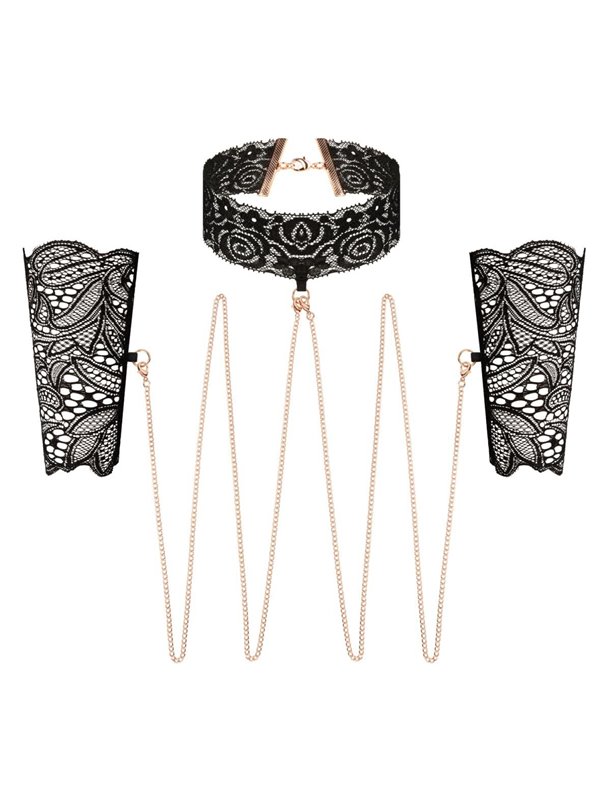 Мереживні наручники та комір Rosy Gold - Lace Cuffs and Collar - Black