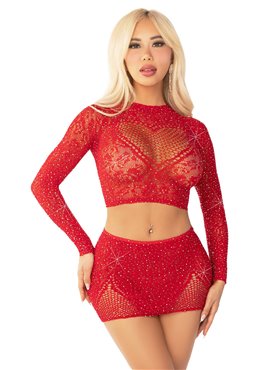 Комплект Leg Avenue Rhinestone Crop Top and Mini Skirt One Size, Red