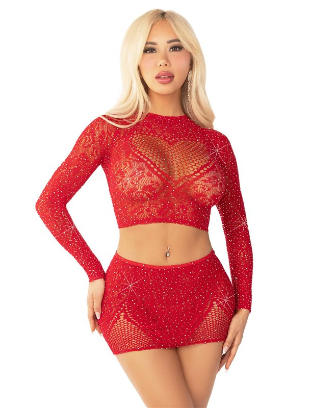 Комплект Leg Avenue Rhinestone Crop Top and Mini Skirt One Size, Red