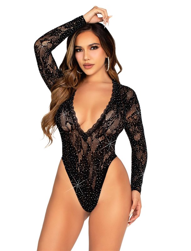 Боді Leg Avenue Rhinestone Lace Deep-V Bodysuit One Size, Black