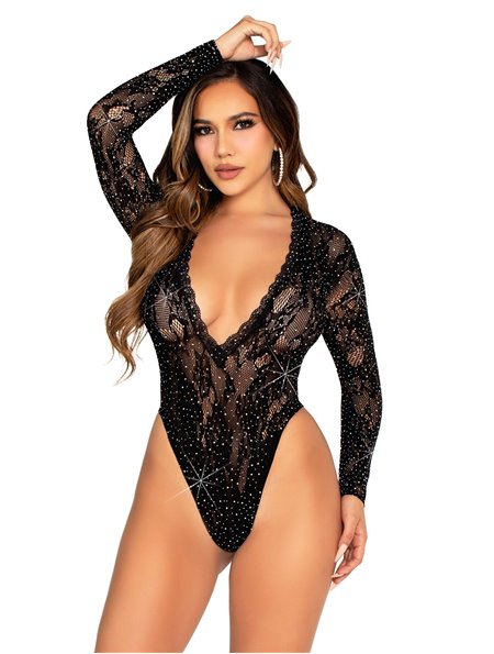Боді Leg Avenue Rhinestone Lace Deep-V Bodysuit One Size, Black