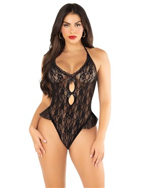 Боді Leg Avenue Lace Floral Lace Halter Teddy with Flutter Accent One Size, Black