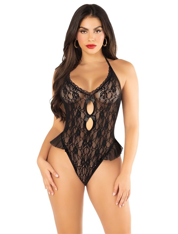 Боді Leg Avenue Lace Floral Lace Halter Teddy with Flutter Accent One Size, Black