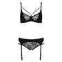 Комплект білизни Passion PAULINE SET L/XL, black, стрепи, ліф, стрінги і пояс для панчох