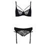 Комплект білизни Passion PAULINE SET XXL/XXXL, black, стрепи, ліф, стрінги і пояс для панчох