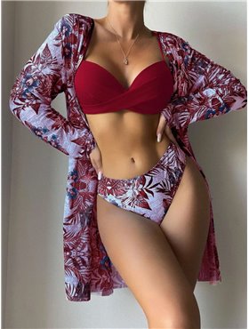 Роздільний купальник із парео - бордо KUP-FLORAL-RED  фото - Luxbikini