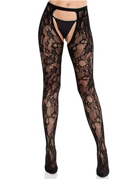 Колготки Leg Avenue Rose Lace Crotchless Tights with Open One Size Black SX2753 Leg Avenue (США) фото - Luxbikini