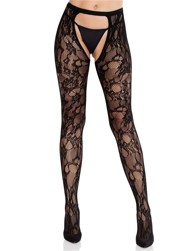 Колготки Leg Avenue Rose Lace Crotchless Tights with Open One Size Black SX2753 Leg Avenue (США) фото - Luxbikini