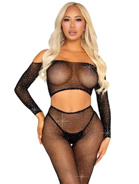 Комплект Leg Avenue Rhinestone Fishnet Crop Top and Legging One Size Black SX2756 Leg Avenue (США) фото - Luxbikini