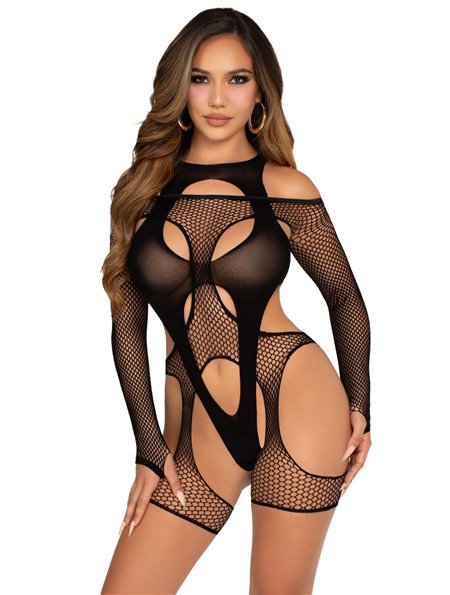 Бодістокінг Leg Avenue Fishnet Garter Harness and Teddy One Size Black SX2771 Leg Avenue (США) фото - Luxbikini
