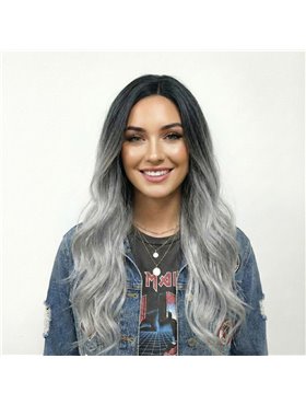 Перука жіноча хвиляста сиво-чорне омбре штучне волосся термостійке 70 см X00001203 China фото - Luxbikini