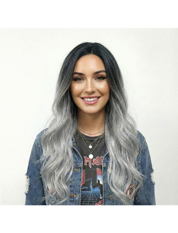 Перука жіноча хвиляста сиво-чорне омбре штучне волосся термостійке 70 см X00001203 China фото - Luxbikini