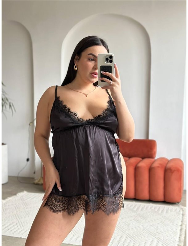 Атласний короткий пеньюар з мереживними краями та розпорками PLUS SIZE DO3937 DO3937 Ghazel фото - Luxbikini