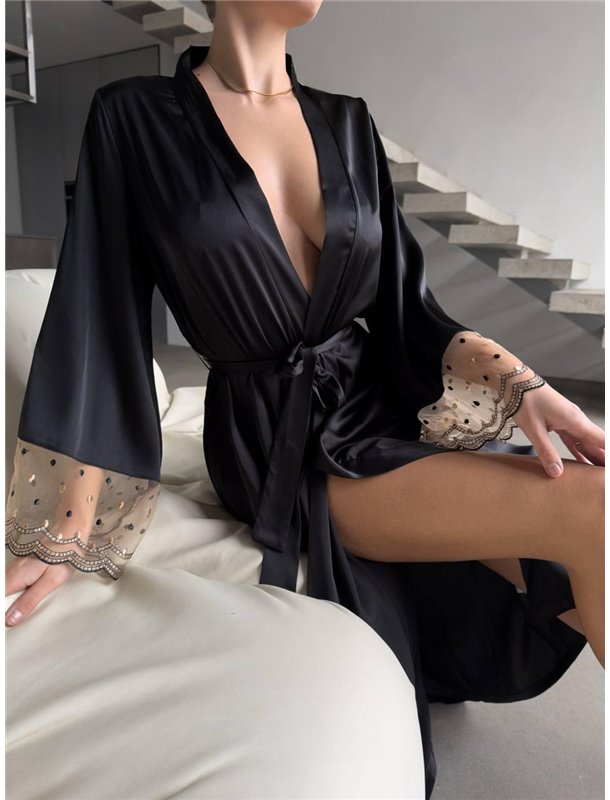 Розкішний довгий чорний халат з мереживом на рукавах DO3945 DO3945 Ghazel фото - Luxbikini