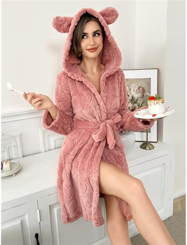 Махровий халат з сердечками вушками та капюшоном - пудра ХАЛ-МАХ-КАП-ВУШ-СЕРД  фото - Luxbikini