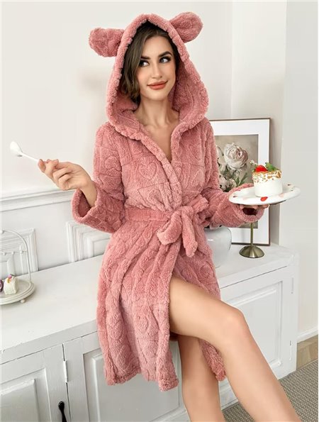 Махровий халат з сердечками вушками та капюшоном - пудра ХАЛ-МАХ-КАП-ВУШ-СЕРД  фото - Luxbikini