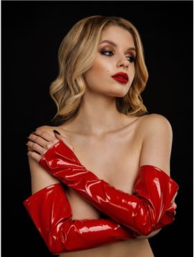 Червоні латексні рукавички з вінілу без пальців. Мітенки з вінілу екстра-довгі, S 2112329397 D&A фото - Luxbikini