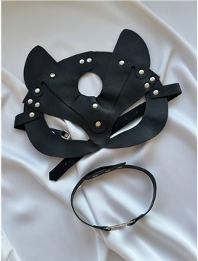 Комплект шкіряний маска кішки та чокер AS1081 Ghazel фото - Luxbikini