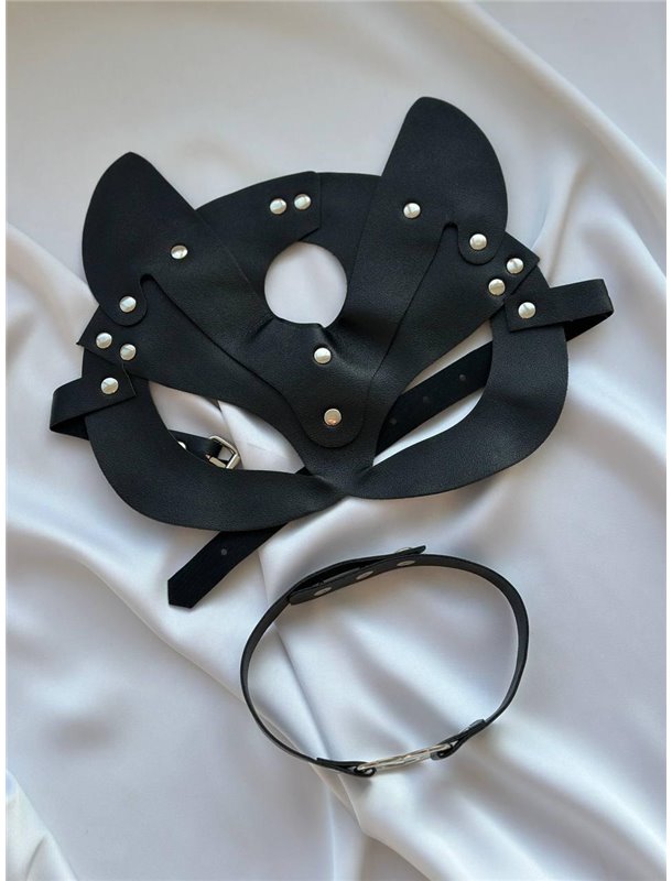 Комплект шкіряний маска кішки та чокер AS1081 Ghazel фото - Luxbikini