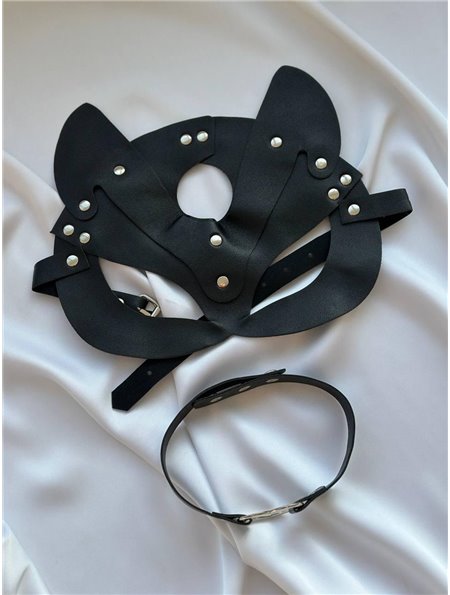 Комплект шкіряний маска кішки та чокер AS1081 Ghazel фото - Luxbikini
