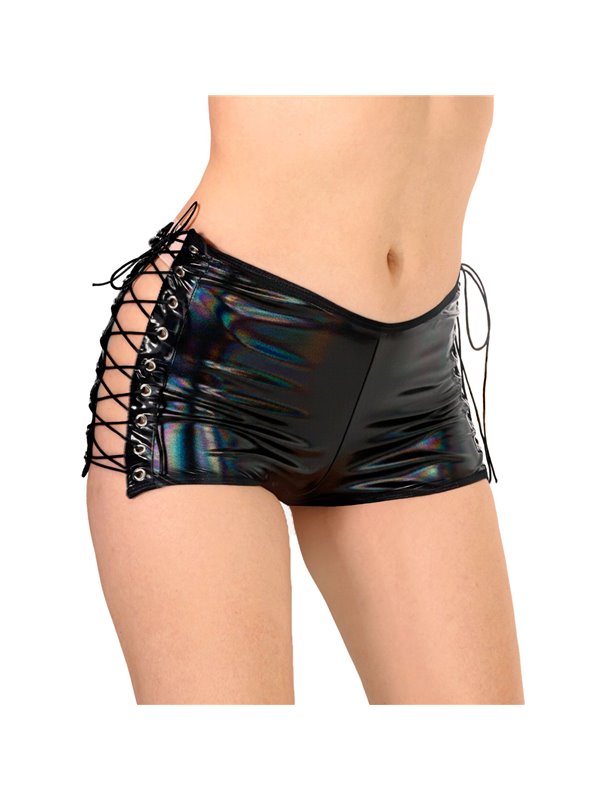 Лаковані шортики на шнурівці Art of Sex - Kylie, чорні з ефектом голограми, розмір XS-M