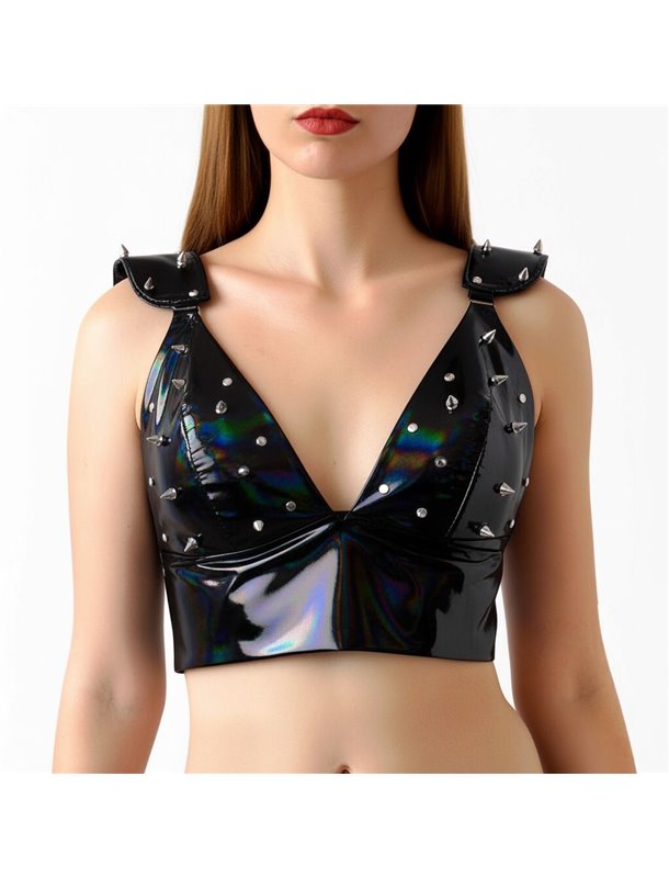 Лакований вініловий ліф з шипами Art of Sex - Mistress, чорний з ефектом голограми, розмір M