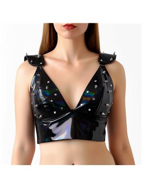 Лакований вініловий ліф з шипами Art of Sex - Mistress, чорний з ефектом голограми, розмір S