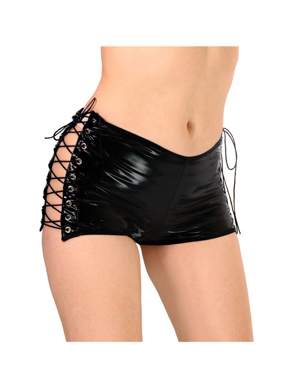 Шортики на шнурівці Art of Sex - Kylie, чорні з ефектом мокрого оксамиту, розмір XS-M