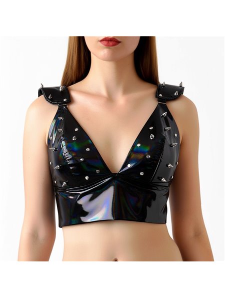 Лакований вініловий ліф з шипами Art of Sex - Mistress, чорний з ефектом голограми, розмір L