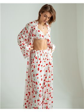 Піжамний костюм-трійка Helen італійський шовк (бра+халат+штани) Вишні на білому 5198 QC фото - Luxbikini