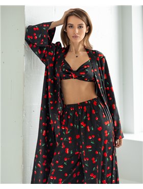 Піжамний костюм-трійка Helen італійський шовк (бра+халат+штани) Вишні на чорному 5195 QC фото - Luxbikini