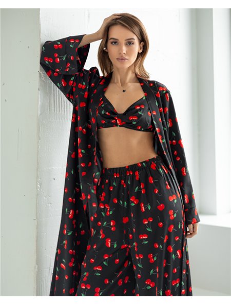 Піжамний костюм-трійка Helen італійський шовк (бра+халат+штани) Вишні на чорному 5196 QC фото - Luxbikini