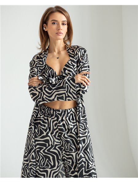 Піжамний костюм-трійка Helen італійський шовк (бра+халат+штани) Чорний з білим 5193 QC фото - Luxbikini