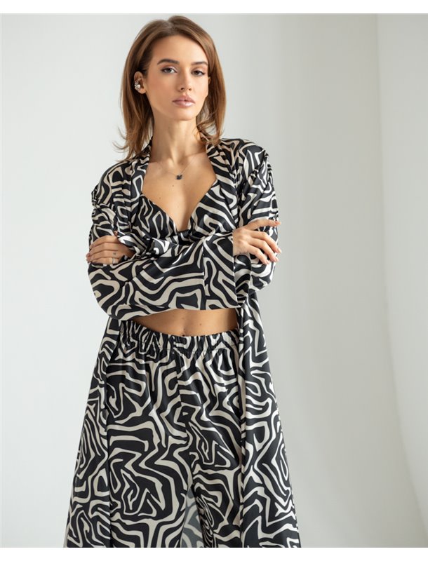 Піжамний костюм-трійка Helen італійський шовк (бра+халат+штани) Чорний з білим 5194 QC фото - Luxbikini