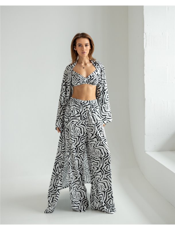 Піжамний костюм-трійка Helen італійський шовк (бра+халат+штани) Білий з чорним 5192 QC фото - Luxbikini