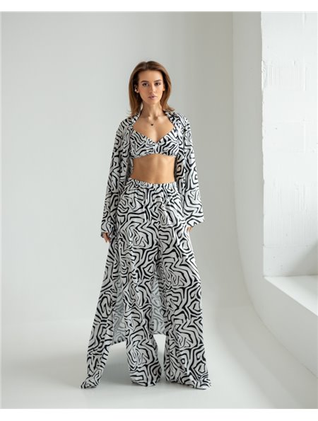 Піжамний костюм-трійка Helen італійський шовк (бра+халат+штани) Білий з чорним 5192 QC фото - Luxbikini