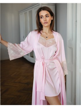 Піжамний костюм "Catalina" тканина шовк Армані преміум + мереживо (халат+нічна сорочка) Рожевий 5185 QC фото - Luxbikini