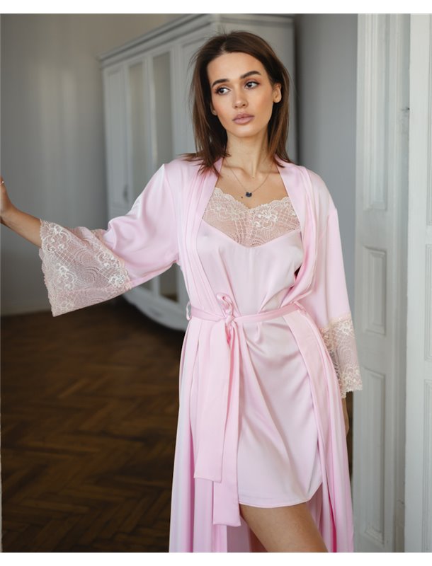 Піжамний костюм "Catalina" тканина шовк Армані преміум + мереживо (халат+нічна сорочка) Рожевий 5185 QC фото - Luxbikini