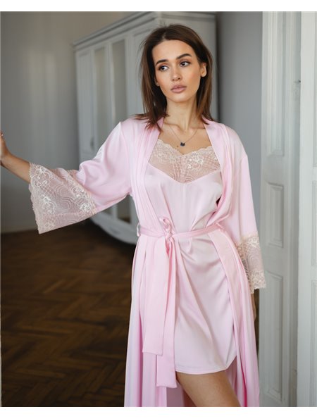 Піжамний костюм "Catalina" тканина шовк Армані преміум + мереживо (халат+нічна сорочка) Рожевий 5185 QC фото - Luxbikini