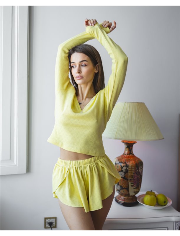 Піжамний костюм-трійка "Nicoletta" (кофта+шорти+штани) тканина трикотаж Жовтий 5180 QC фото - Luxbikini