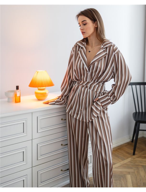 Піжама "Kleo" в смужку шовк Армані + хустинка Капучино 5172 QC фото - Luxbikini