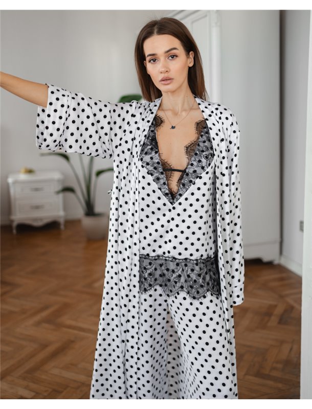 Піжамний костюм-трійка "Laura" тканина сатин + мереживо (халат+майка+штани) Білий 5145 QC фото - Luxbikini