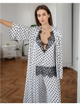 Піжамний костюм-трійка "Laura" тканина сатин + мереживо (халат+майка+штани) Білий 5146 QC фото - Luxbikini