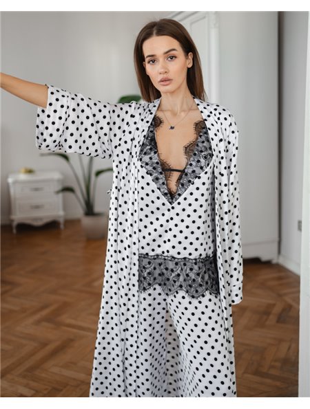 Піжамний костюм-трійка "Laura" тканина сатин + мереживо (халат+майка+штани) Білий 5146 QC фото - Luxbikini