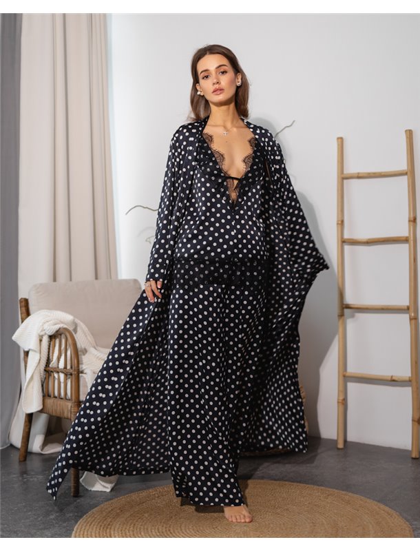 Піжамний костюм-трійка "Laura" тканина сатин + мереживо (халат+майка+штани) Чорний 5143 QC фото - Luxbikini