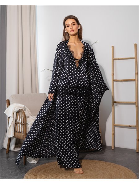 Піжамний костюм-трійка "Laura" тканина сатин + мереживо (халат+майка+штани) Чорний 5143 QC фото - Luxbikini