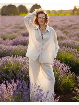 Домашній костюм-трійка "Bianca" (сорочка+штани+шорти) льон + мереживо Бежевий 4850 QC фото - Luxbikini