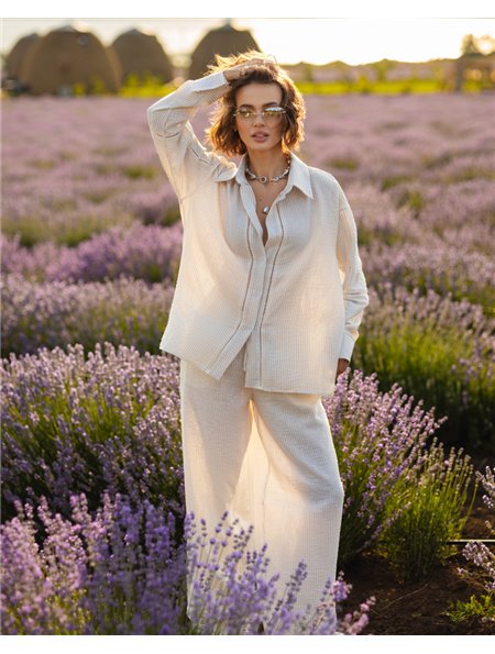 Домашній костюм-трійка "Bianca" (сорочка+штани+шорти) льон + мереживо Бежевий 4850 QC фото - Luxbikini